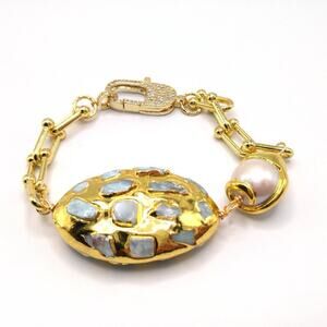 Gold Plated Larimar Gemstone Pearl Bracelet, 8 1/2 Inches, Rhinestone Clasp